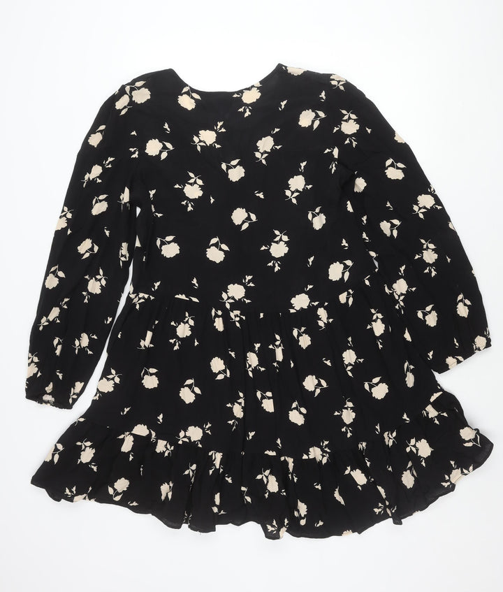 F&F Women’s Black Floral Skater Dress UK 10 Long Sleeve V-Neck