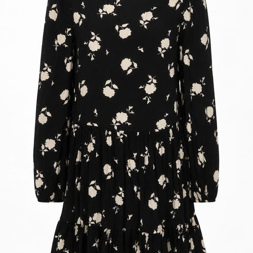 F&F Women’s Black Floral Skater Dress UK 10 Long Sleeve V-Neck