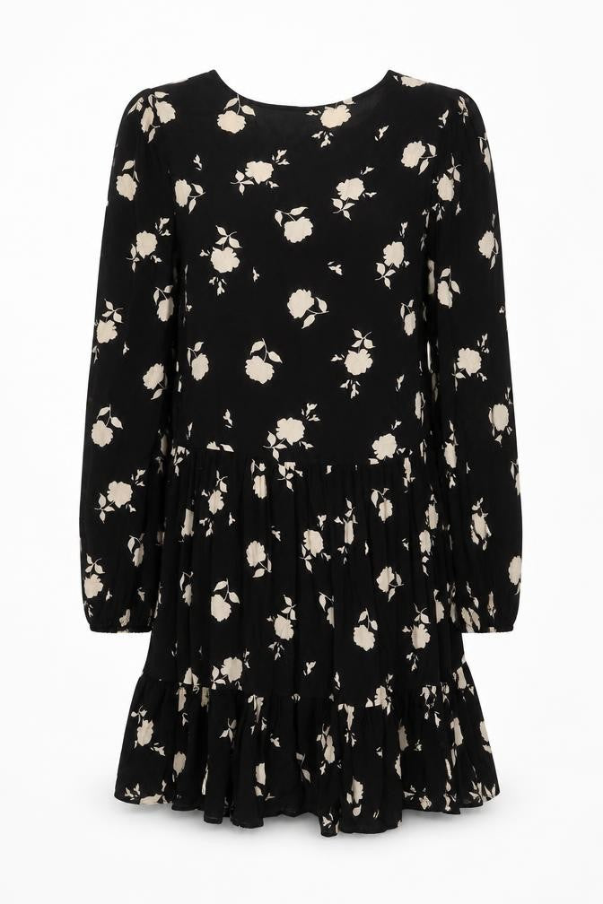 F&F Women’s Black Floral Skater Dress UK 10 Long Sleeve V-Neck