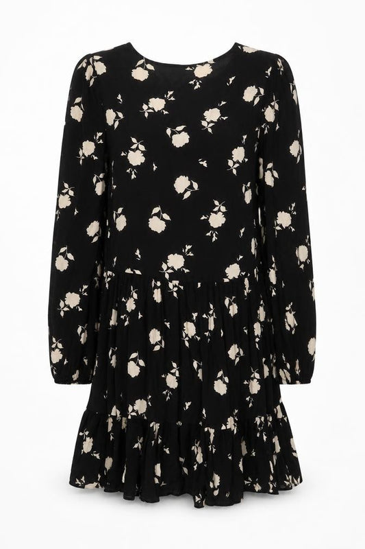 Front view of F&F Women’s Black Floral Skater Dress UK 10 Long Sleeve V-Neck