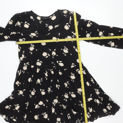 F&F Women’s Black Floral Skater Dress UK 10 Long Sleeve V-Neck