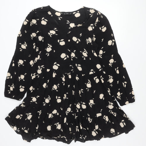 F&F Women’s Black Floral Skater Dress UK 10 Long Sleeve V-Neck