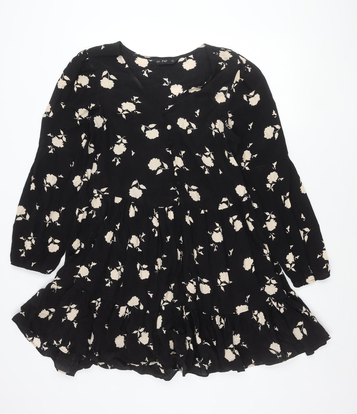 F&F Women’s Black Floral Skater Dress UK 10 Long Sleeve V-Neck