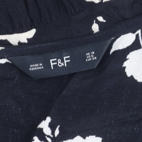 F&F Women’s Black Floral Skater Dress UK 10 Long Sleeve V-Neck