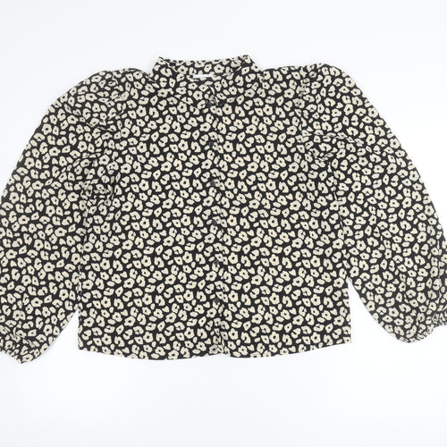 JDY Womens Black Animal Print Blouse Size M Long Sleeve Puff Button Up