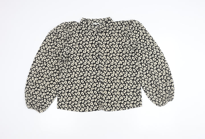 JDY Womens Black Animal Print Blouse Size M Long Sleeve Puff Button Up