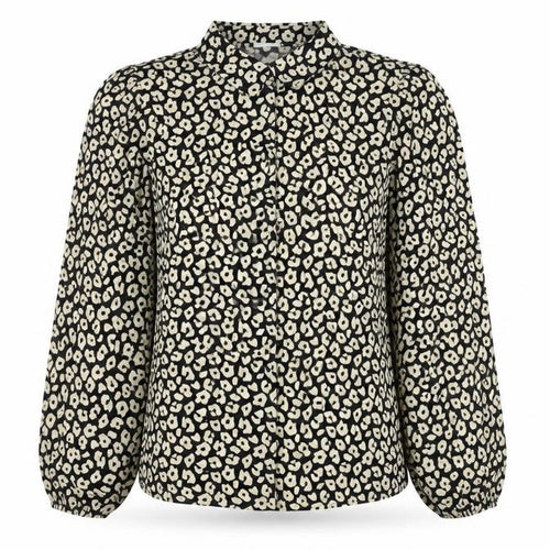 JDY Womens Black Animal Print Blouse Size M Long Sleeve Puff Button Up