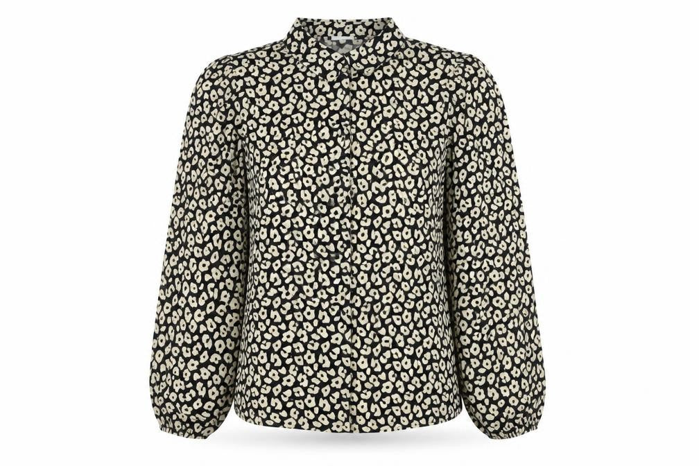 JDY Womens Black Animal Print Blouse Size M Long Sleeve Puff Button Up