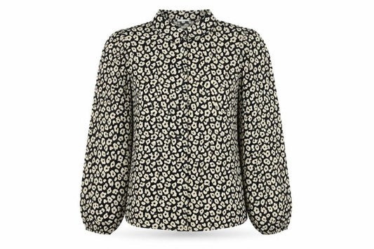 Front view of JDY women’s black animal print blouse, size M, long sleeve puff button up