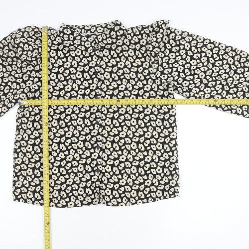 JDY Womens Black Animal Print Blouse Size M Long Sleeve Puff Button Up