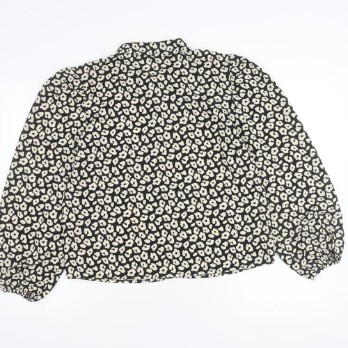 JDY Womens Black Animal Print Blouse Size M Long Sleeve Puff Button Up