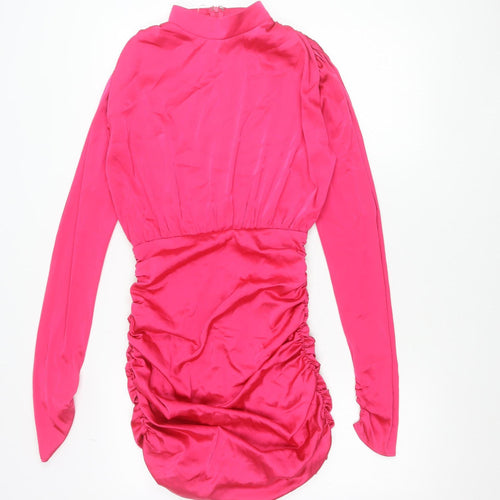 Rare London Women's Pink Size 8 Bodycon Mini Dress Ruched Long Sleeve