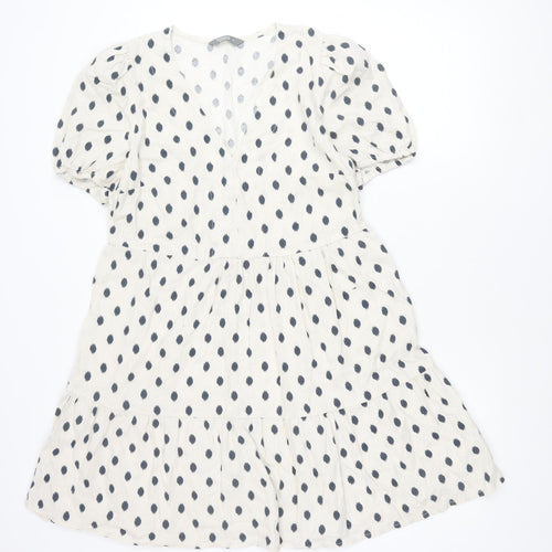 Nutmeg Women White Polka Dot Smock Dress Size 10 Linen Blend