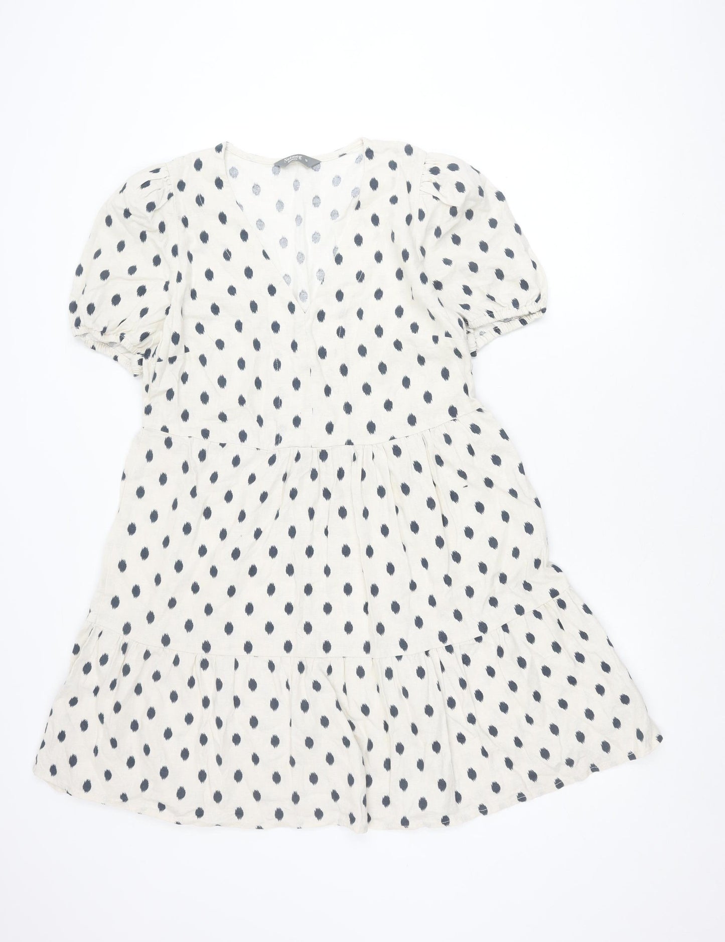 Nutmeg Women White Polka Dot Smock Dress Size 10 Linen Blend