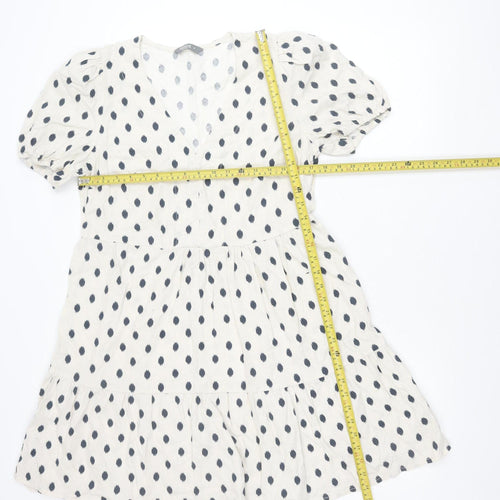 Nutmeg Women White Polka Dot Smock Dress Size 10 Linen Blend