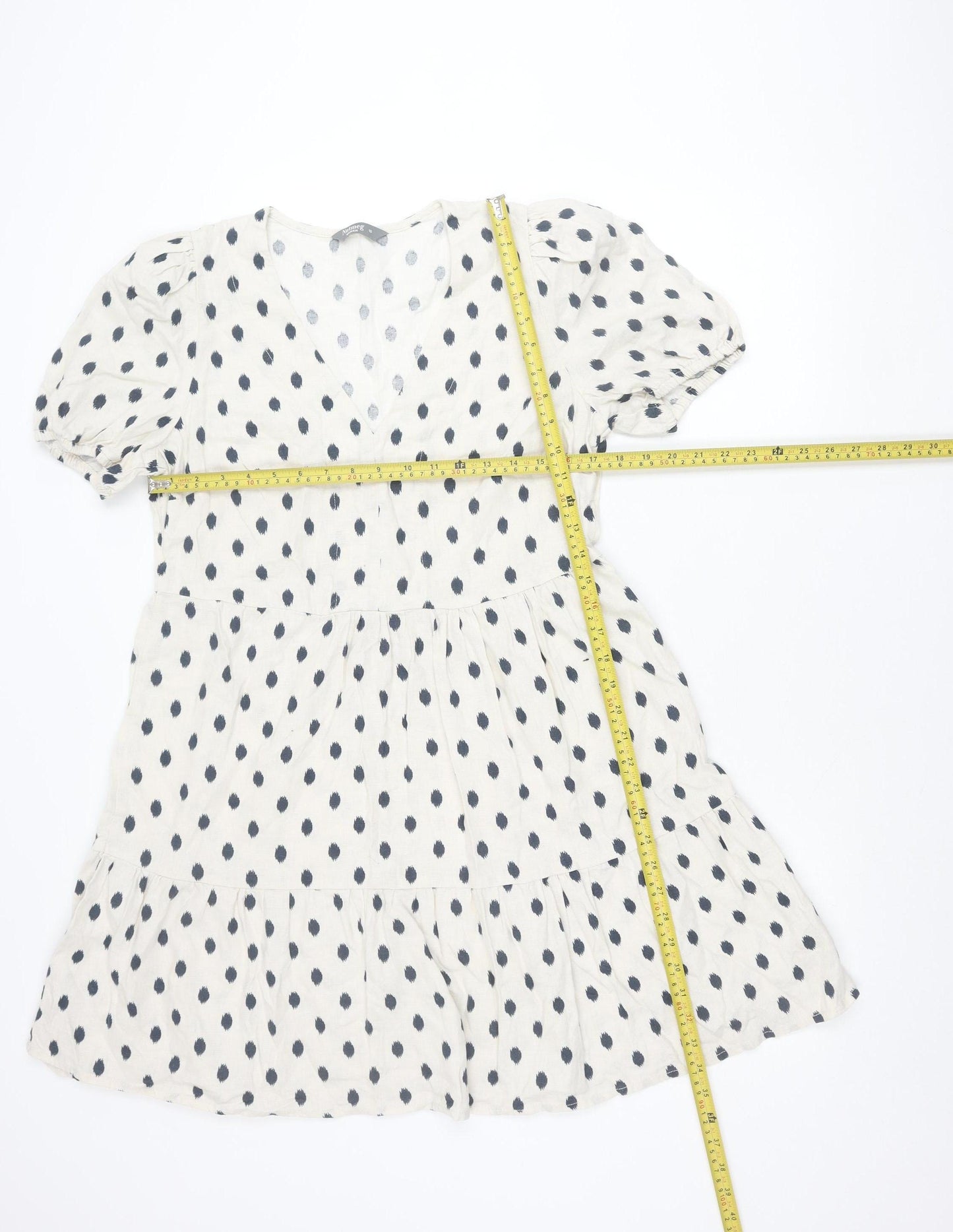 Nutmeg Women White Polka Dot Smock Dress Size 10 Linen Blend