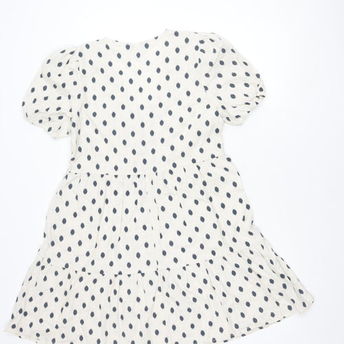 Nutmeg Women White Polka Dot Smock Dress Size 10 Linen Blend