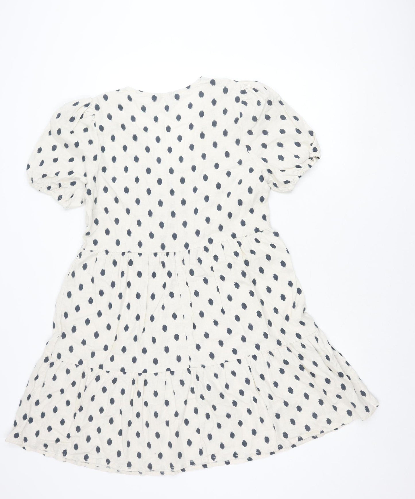 Nutmeg Women White Polka Dot Smock Dress Size 10 Linen Blend