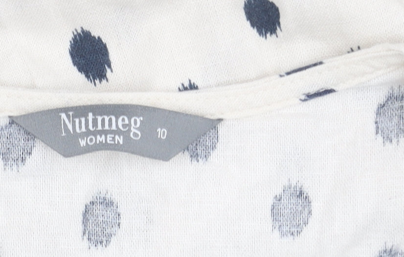 Nutmeg Women White Polka Dot Smock Dress Size 10 Linen Blend