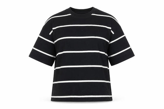 Front view of Next women’s black white striped cotton t-shirt, size UK 6, short sleeve