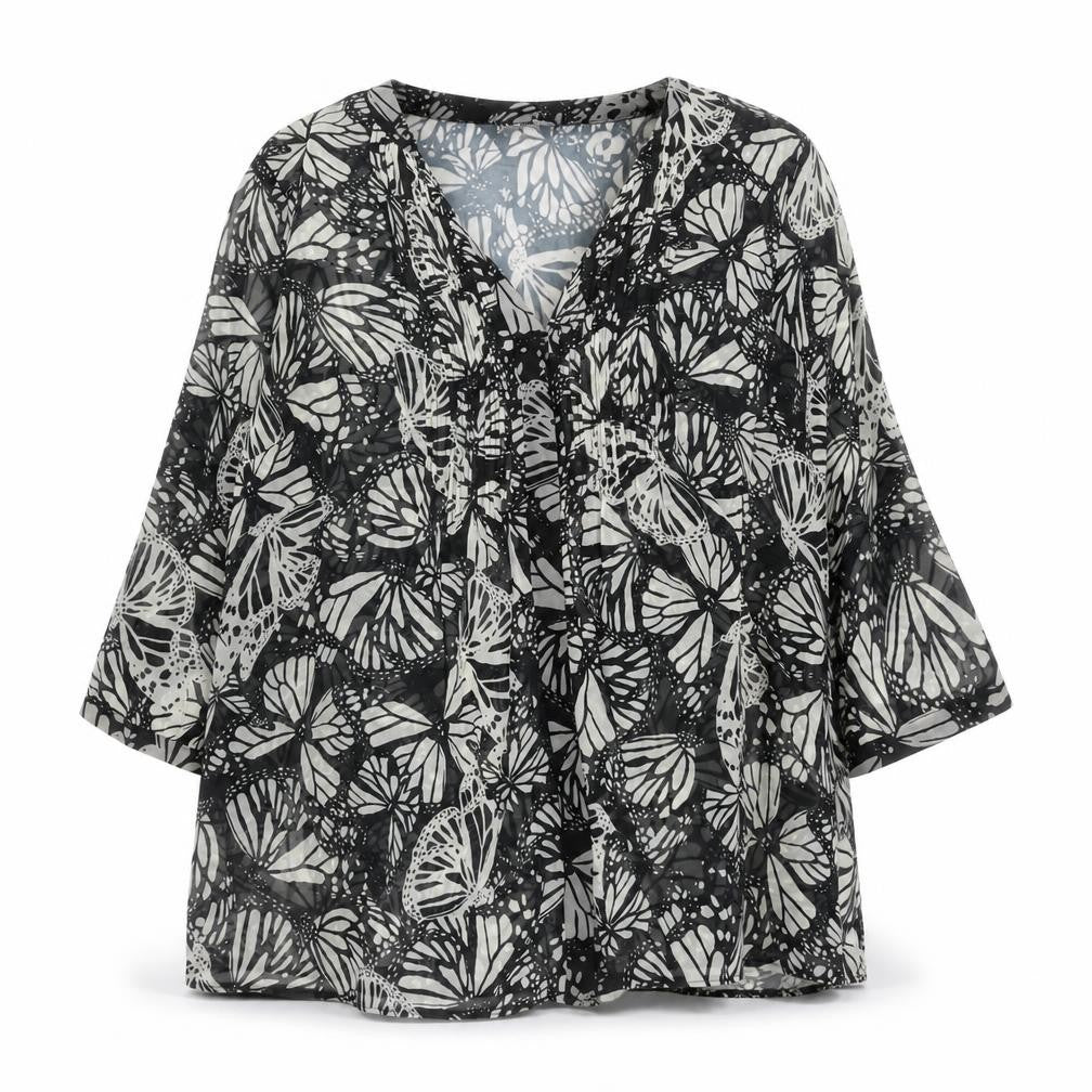Front view of Kaleidoscope women’s black butterfly print tunic blouse, size UK 12
