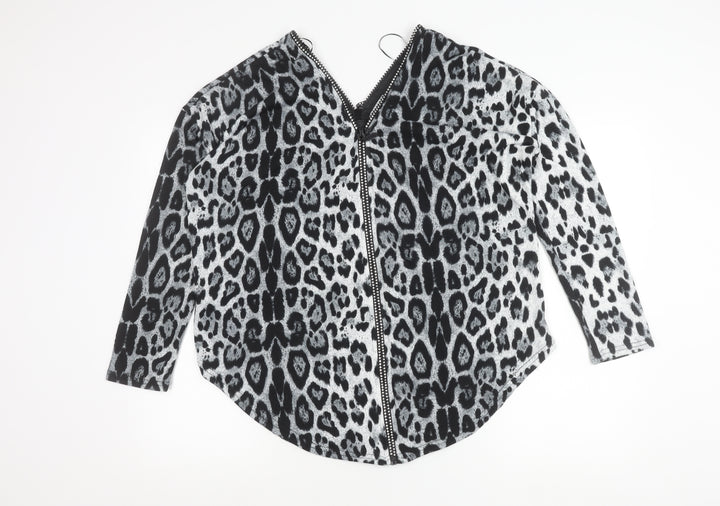 Quiz Women’s Black Animal Print Tunic Blouse M 3/4 Sleeve V-Neck Zip