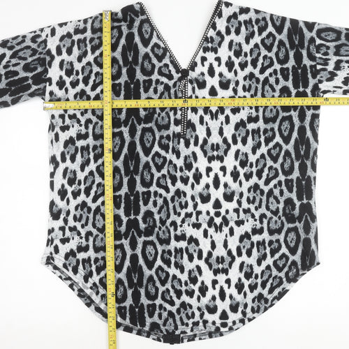 Quiz Women’s Black Animal Print Tunic Blouse M 3/4 Sleeve V-Neck Zip