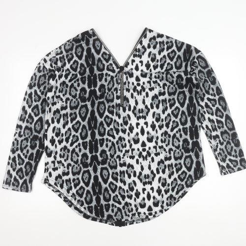 Quiz Women’s Black Animal Print Tunic Blouse M 3/4 Sleeve V-Neck Zip