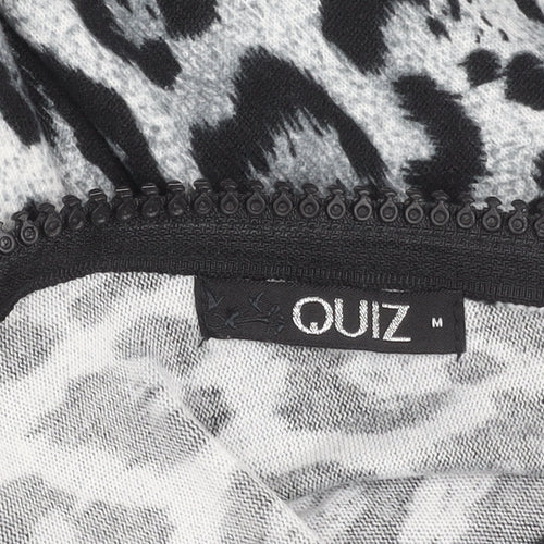 Quiz Women’s Black Animal Print Tunic Blouse M 3/4 Sleeve V-Neck Zip