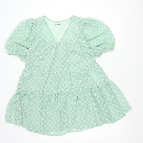 Pull&Bear Women’s Green Puff Sleeve Floral Ruffle Tunic Blouse Size 8