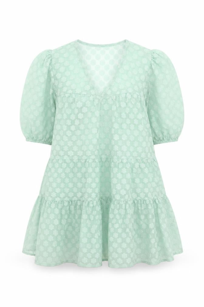 Pull&Bear Women’s Green Puff Sleeve Floral Ruffle Tunic Blouse Size 8