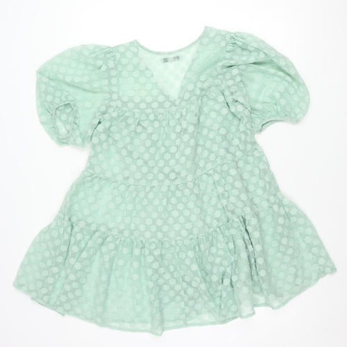 Pull&Bear Women’s Green Puff Sleeve Floral Ruffle Tunic Blouse Size 8