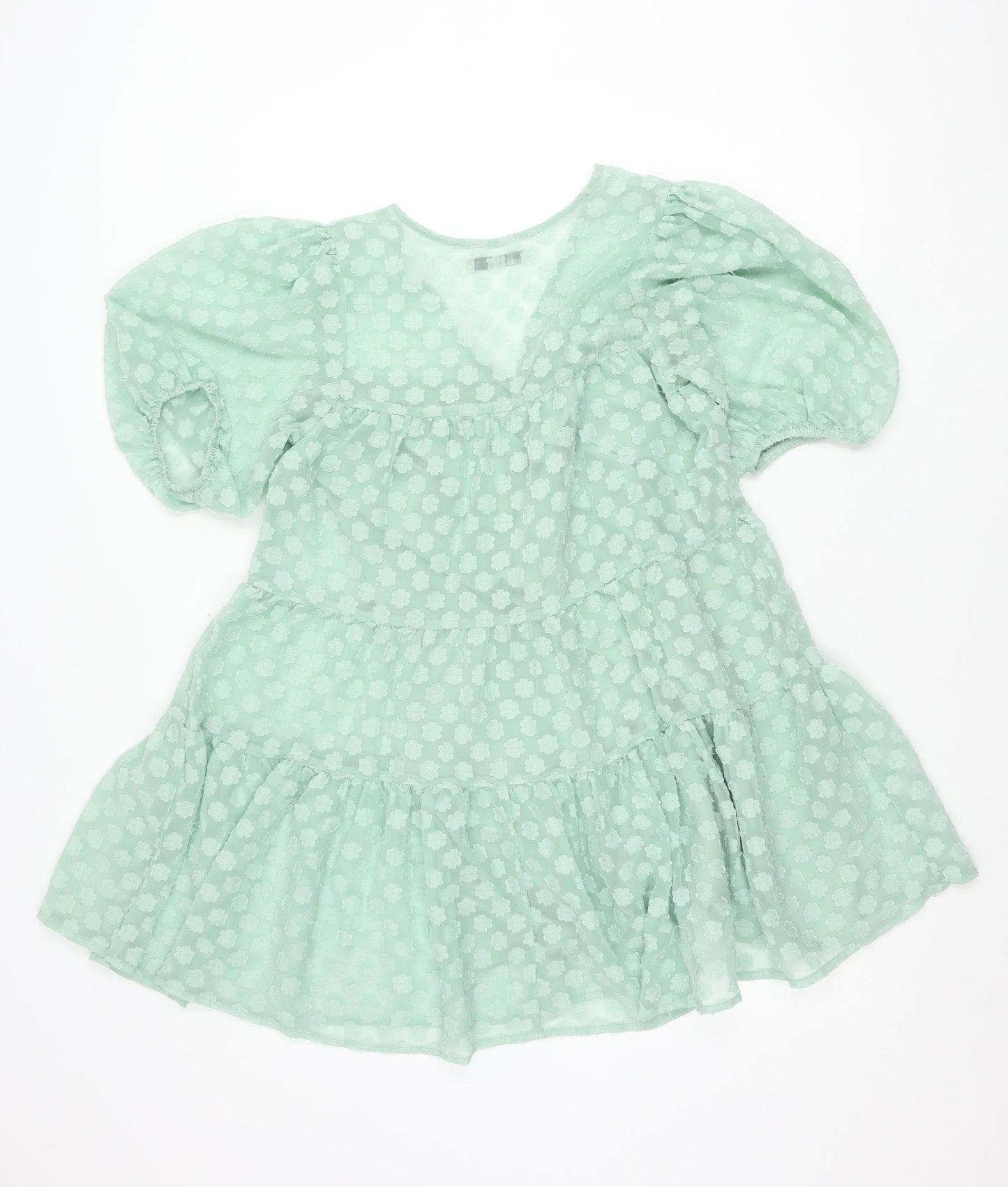 Pull&Bear Women’s Green Puff Sleeve Floral Ruffle Tunic Blouse Size 8