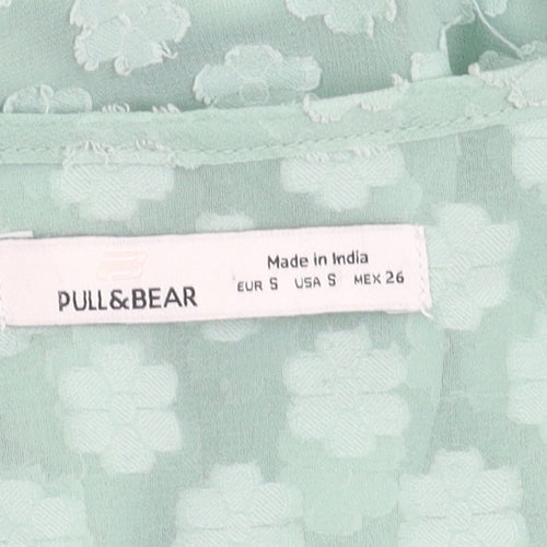 Pull&Bear Women’s Green Puff Sleeve Floral Ruffle Tunic Blouse Size 8