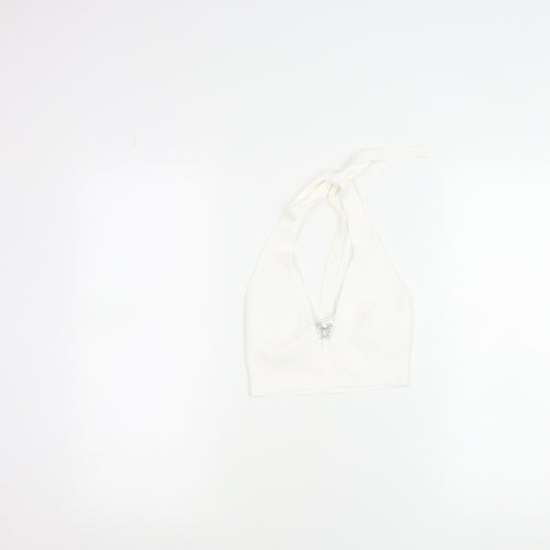 Bershka Womens White Halter Cropped Tank Top M Knit Butterfly Detail