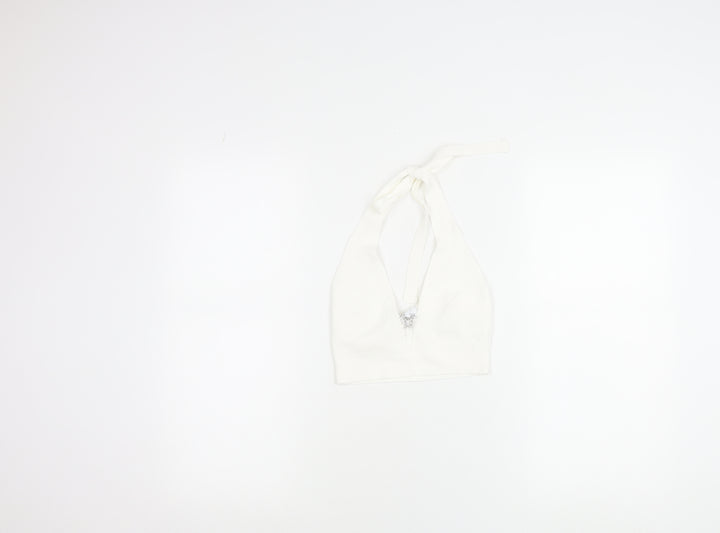 Bershka Womens White Halter Cropped Tank Top M Knit Butterfly Detail