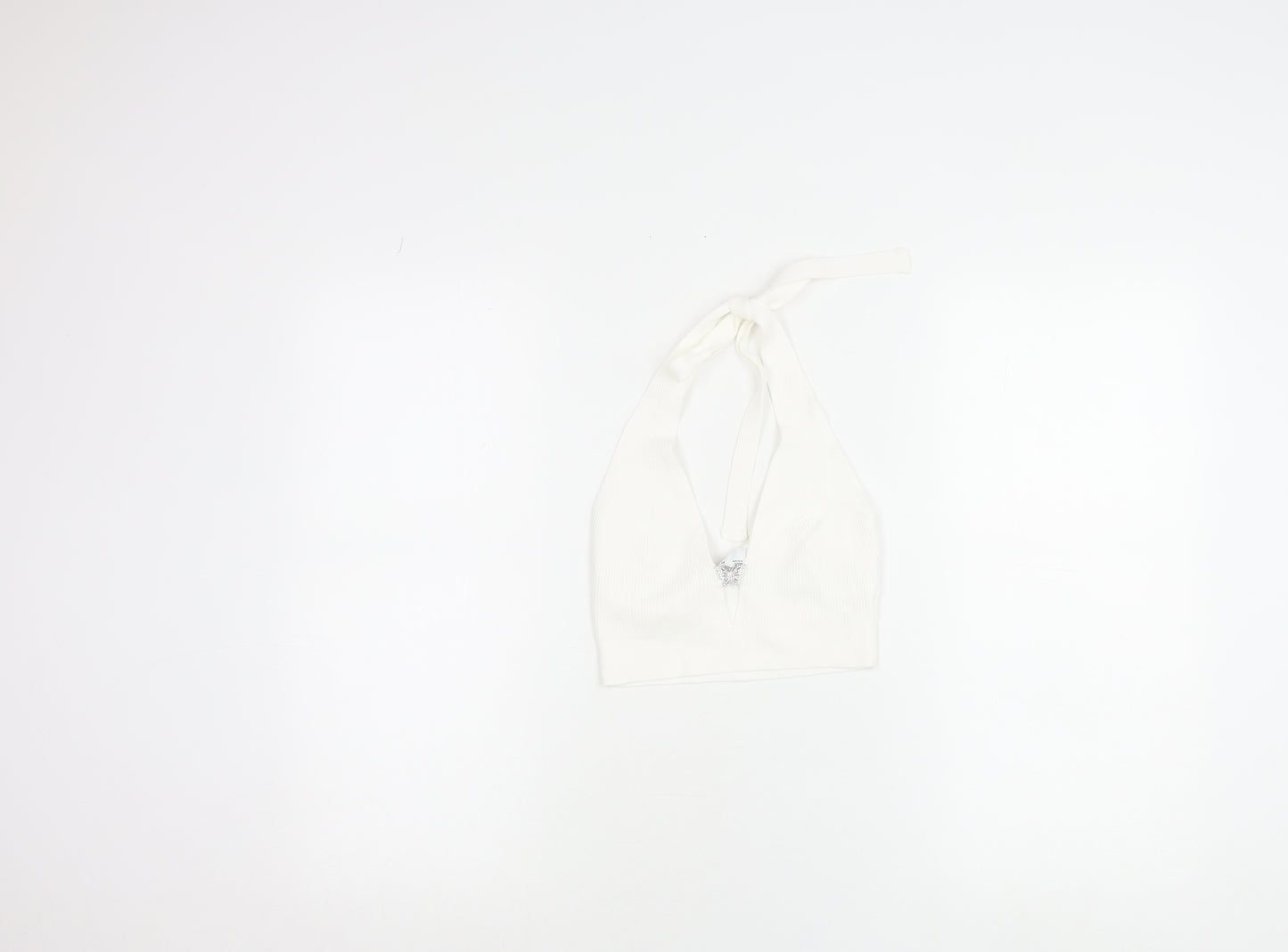 Bershka Womens White Halter Cropped Tank Top M Knit Butterfly Detail