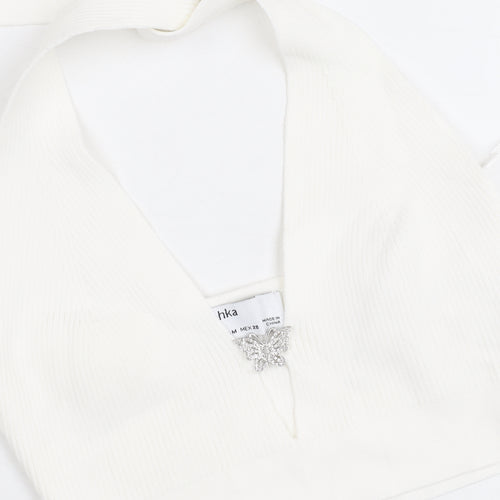 Bershka Womens White Halter Cropped Tank Top M Knit Butterfly Detail