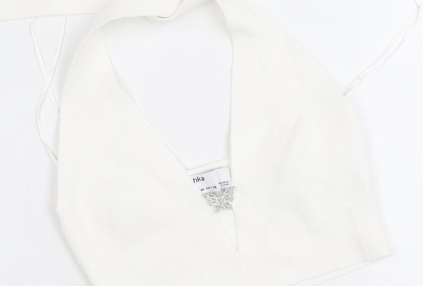 Bershka Womens White Halter Cropped Tank Top M Knit Butterfly Detail