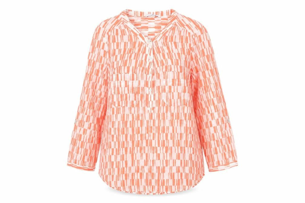 Front view of Jasper Conran women’s blouse, size UK 14, multicoloured geometric 3/4 sleeve tunic