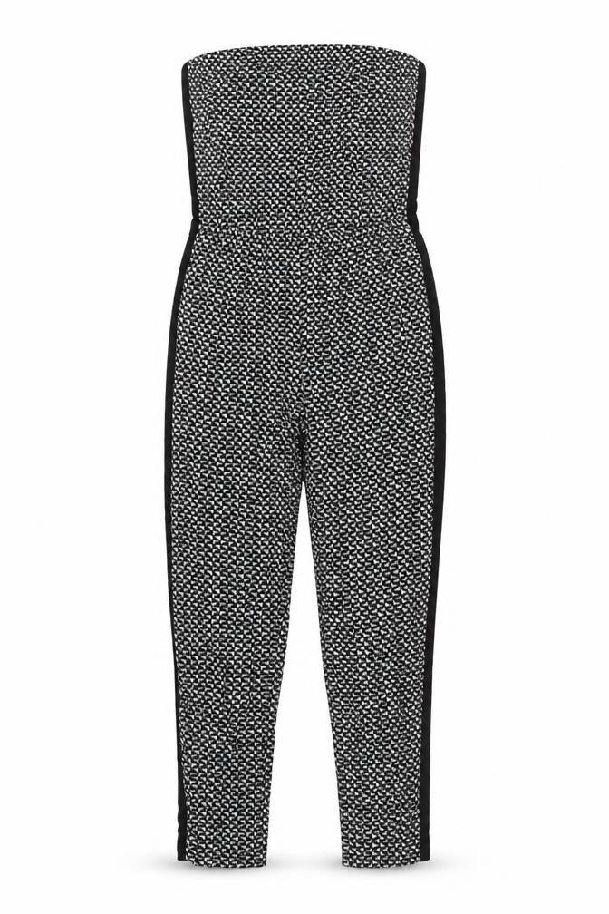 Front view of Forever 21 Women’s Black Geometric Strapless Jumpsuit, size UK 14