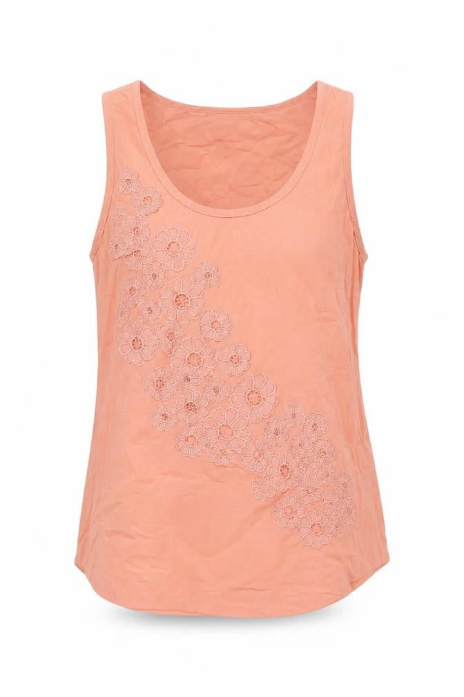 Front view of Warehouse women’s pink floral embroidered tank top, size UK 12