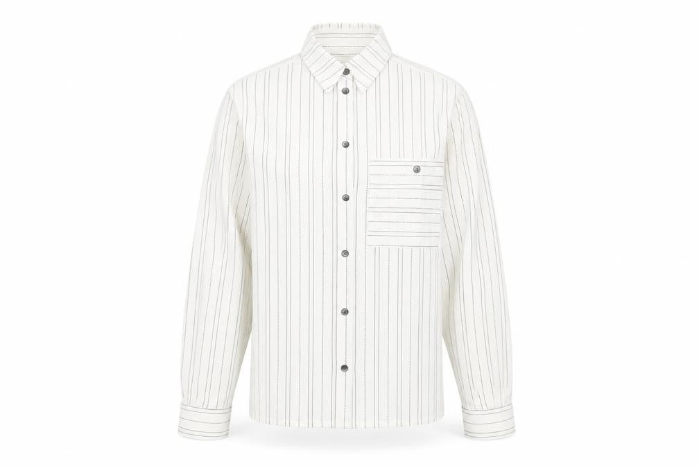 Front view of Richards women’s white striped button-up shirt, size UK 12, long sleeve