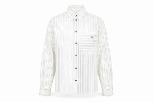 Front view of Richards women’s white striped button-up shirt, size UK 12, long sleeve