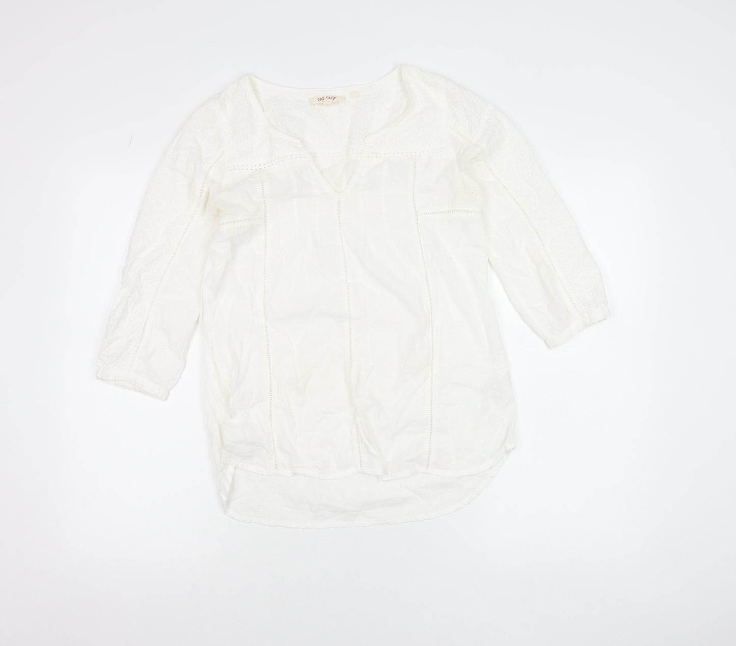 Fat Face Women’s White Cotton Tunic Blouse UK 6 V-Neck 3/4 Sleeve