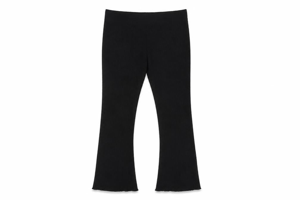 Front view of Calé women’s black flared knit slim trousers, size M