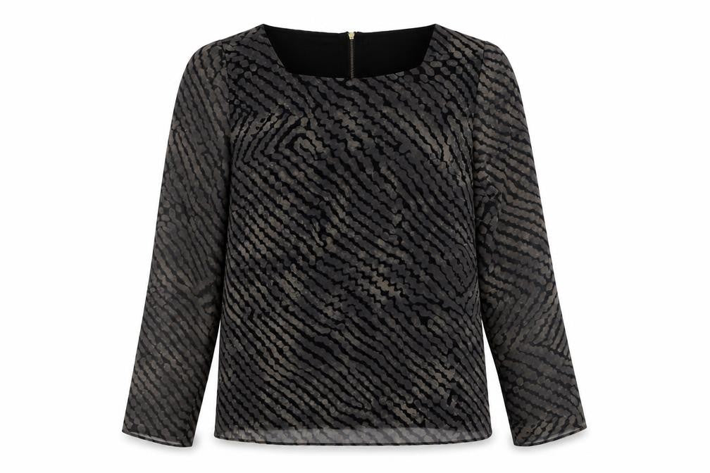 Front view of Sud Express women’s black geometric sheer chiffon blouse, size L