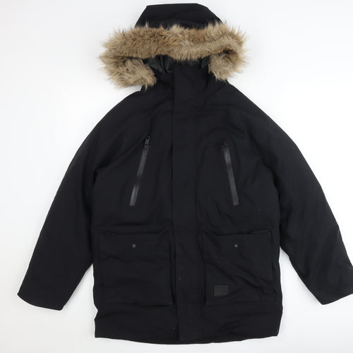 Zara Teens Black Parka Jacket with Hood Fur Trim Size 164