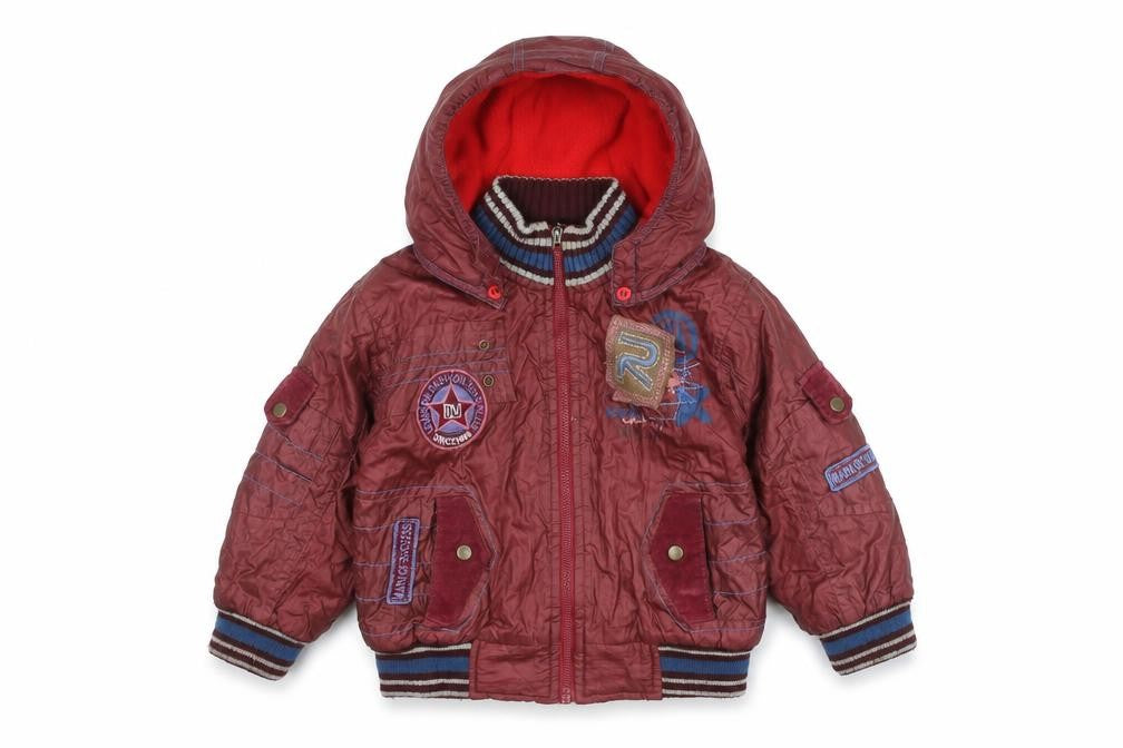 Front view of de-mark boys’ red bomber jacket hooded 2 years lined full zip