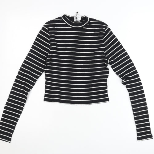 Zara Women Black Striped Slim Fit Mock Neck Cropped Long Sleeve T-Shirt Size S